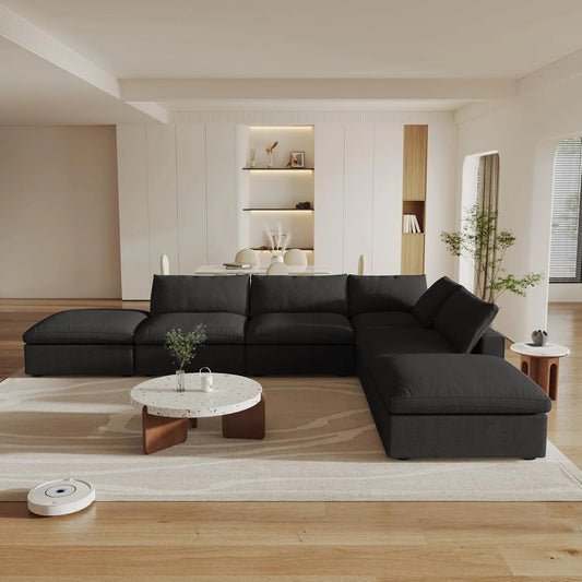 160" Black Linen Blend Modular Wood Sofa With Ottoman And Storage