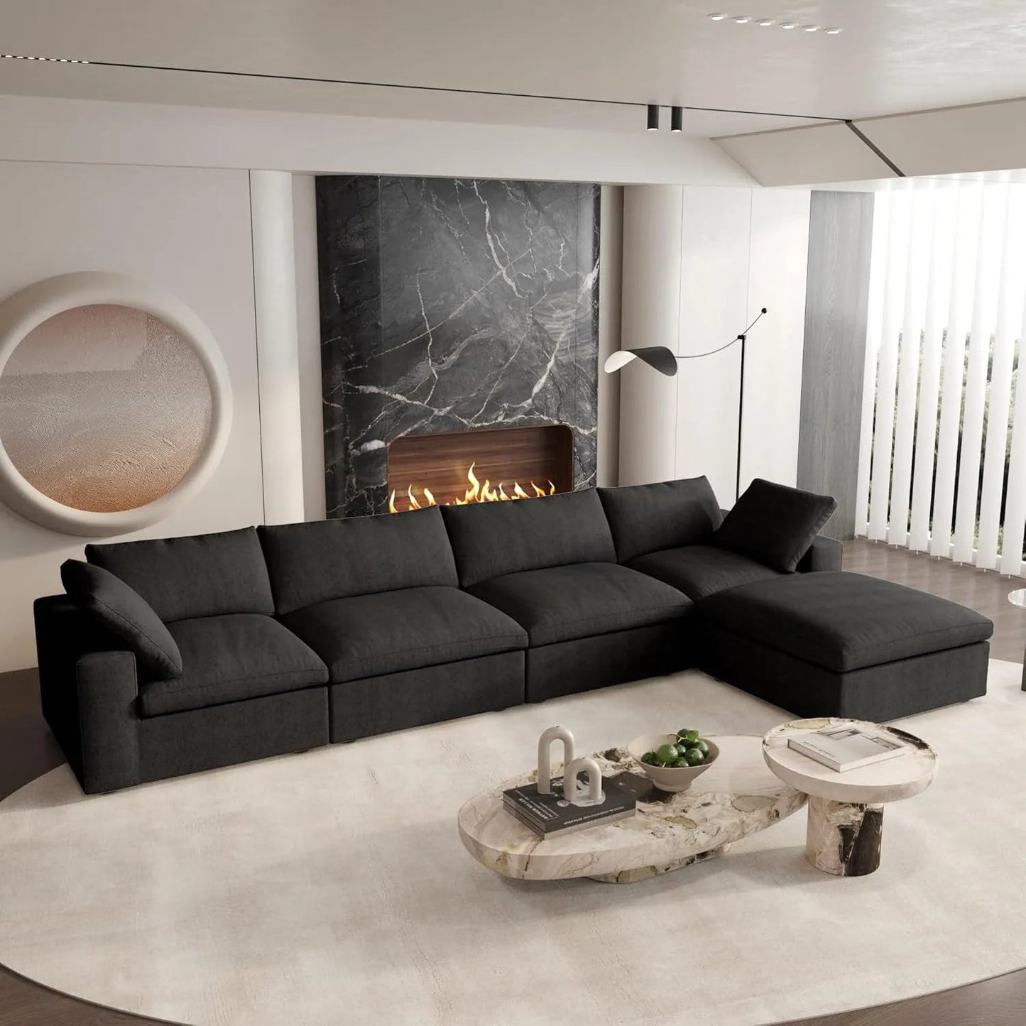 160" Black Linen Blend Modular Wood Sofa With Ottoman And Storage