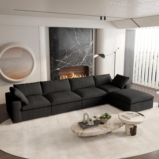 160" Black Linen Blend Modular Wood Sofa With Ottoman And Storage