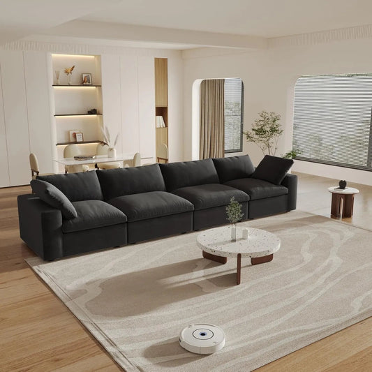 160" Black Linen Blend Modular Wood Sofa