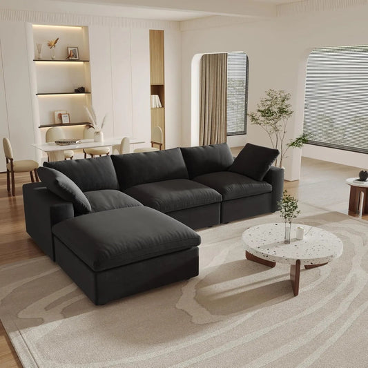 120" Black Linen Blend Modular Wood Sofa With Ottoman And Storage