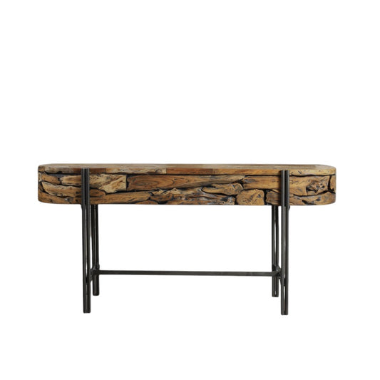 55" Natural and Gunmetal Wood and Metal Distressed Oval Console Table