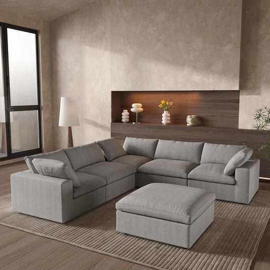 Light Gray Linen Blend Modular L Shaped Six Piece Corner Sectional