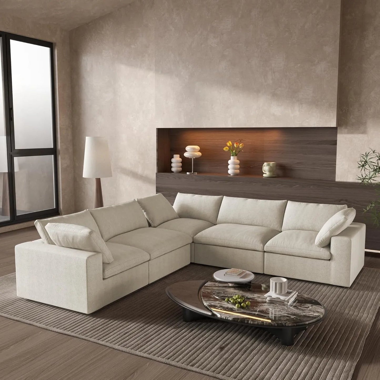 Khaki Linen Blend Modular L Shaped Five Piece Corner Sectional