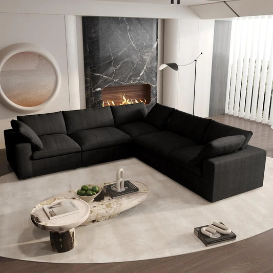 Black Linen Blend Modular L Shaped Five Piece Corner Sectional