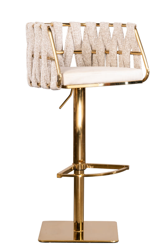 Off White and Gold Faux Leather Linen and Steel Low Back Adjustable Height Swivel Bar Chair