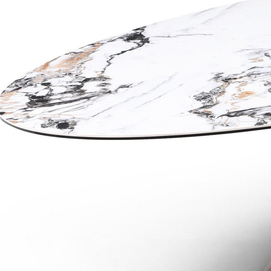 94" White Gray and Bronze Ceramic and Metal Pedestal Base Oval Dining Table