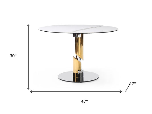 47" White Gold and Silver Ceramic and Stainless Steel Pedestal Base Round Top Dining Table
