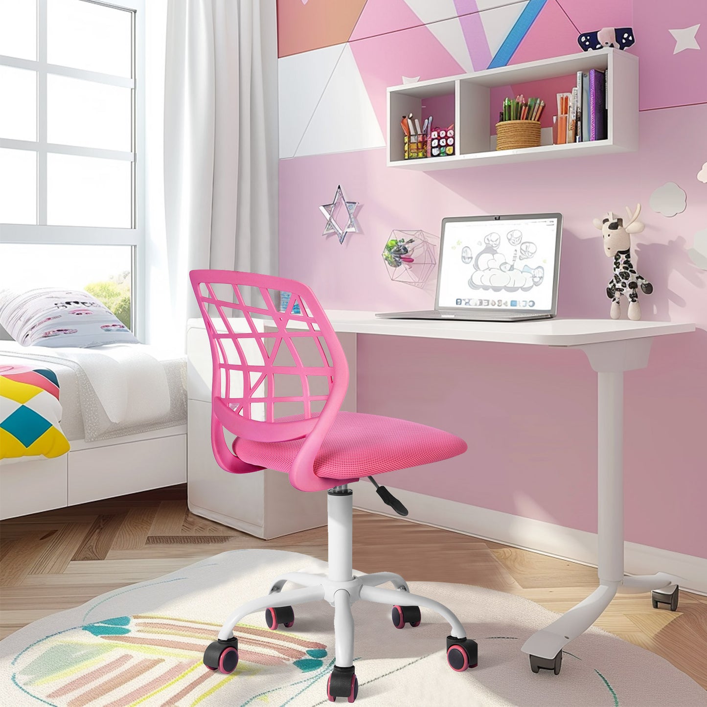 Pink and White Adjustable Height Swivel Rolling Office Chair
