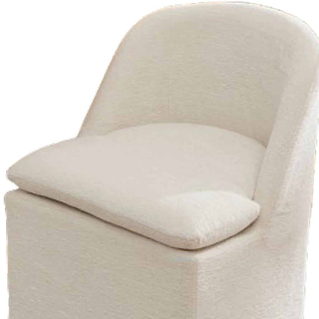 Set of Two Beige Chenille Wing Back Dining Chairs With Wheels