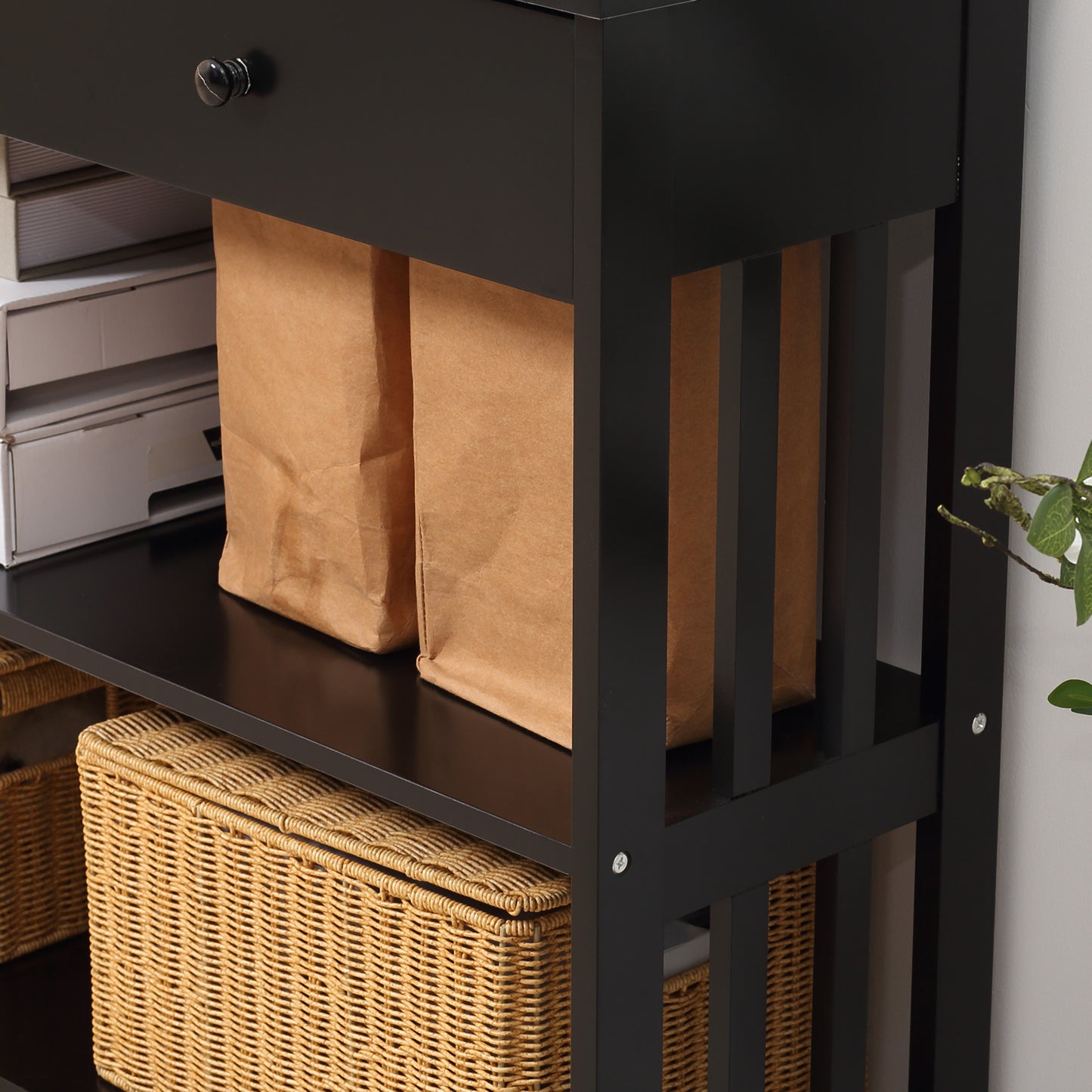 Console Hallway Table with Extra Wide Pull Out Drawer, 2 Open Shelves and Slatted Wood Frame Design, Black