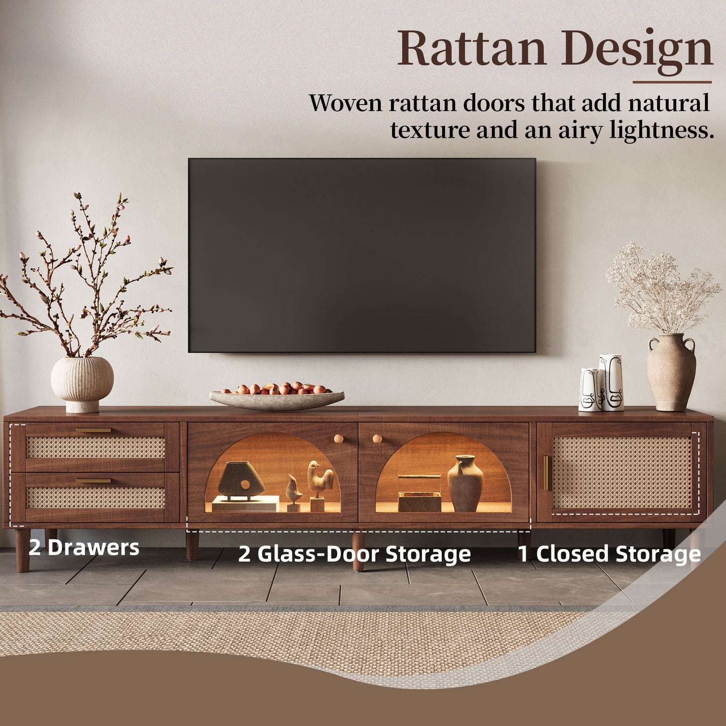 86 Inch TV Stand For TVs Up To 90, Entertainment Center With App Controlled LED Lights, 2 Drawers Glass Door Storage, Modern Media Console For Living Room