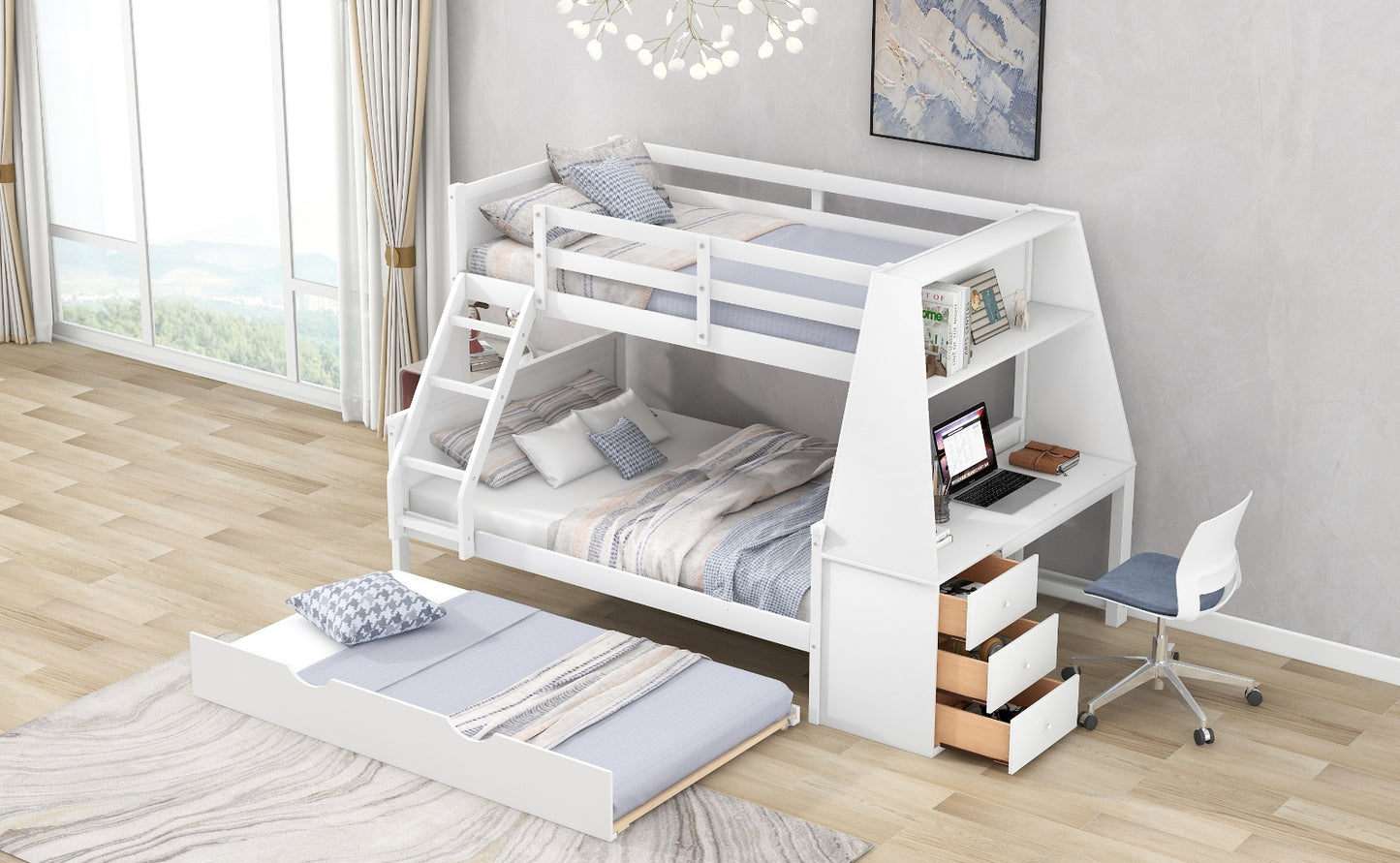 Twin Full Bunk Bed W Trundle, Desk, 3 Drawers Shelf - White