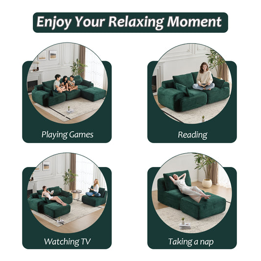 Modern Memory Foam Compressed Sofa,Large Sectional Couches For Living Room,Pet-Friendly Cloud Modular Sectional Sofa,Corduroy Fabric,Extra Deep Loveseat,No Assembly Required,Green