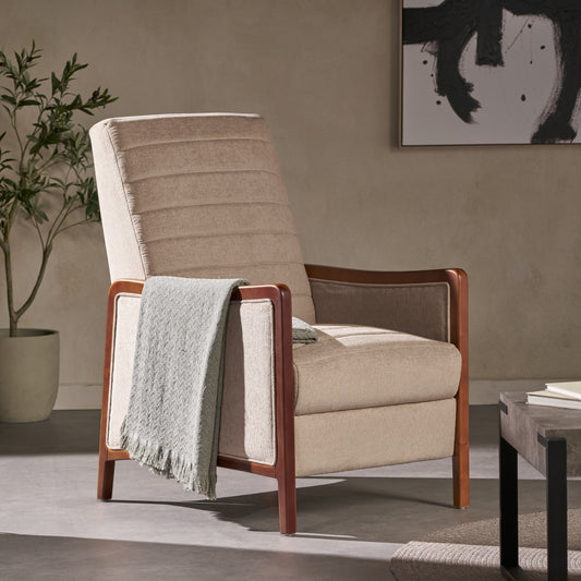 Mid Century Modern Fabric Channel Wood Pushback Recliner