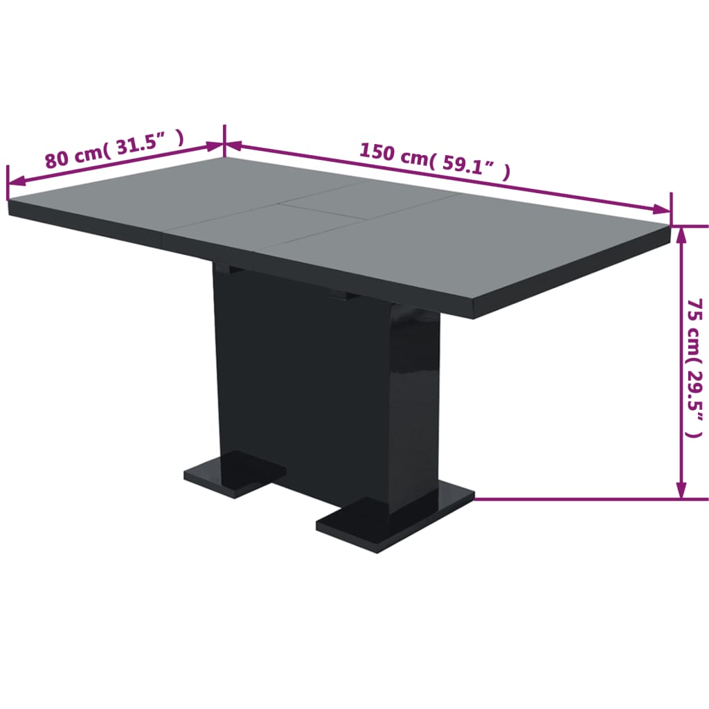 Kitchen Table Glossy Black MDF, Steel Extendable Dining Table