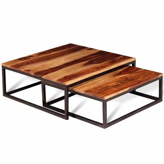 Nesting Table Set of 2 Brown Solid Acacia Wood Medium
