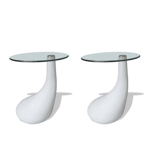 Coffee Table Set of 2 High Gloss White Fiberglass, Tempered Glass