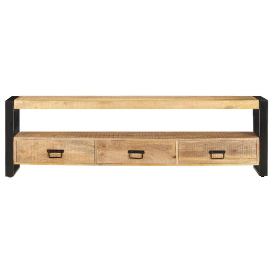 TV Stand Natural Wood, Black Solid Mango Wood, Powder-Coated Steel