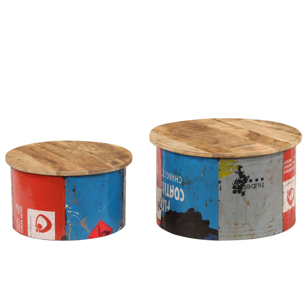 Coffee Table Set of 2 Multicolor Solid mango wood, old tin sheet