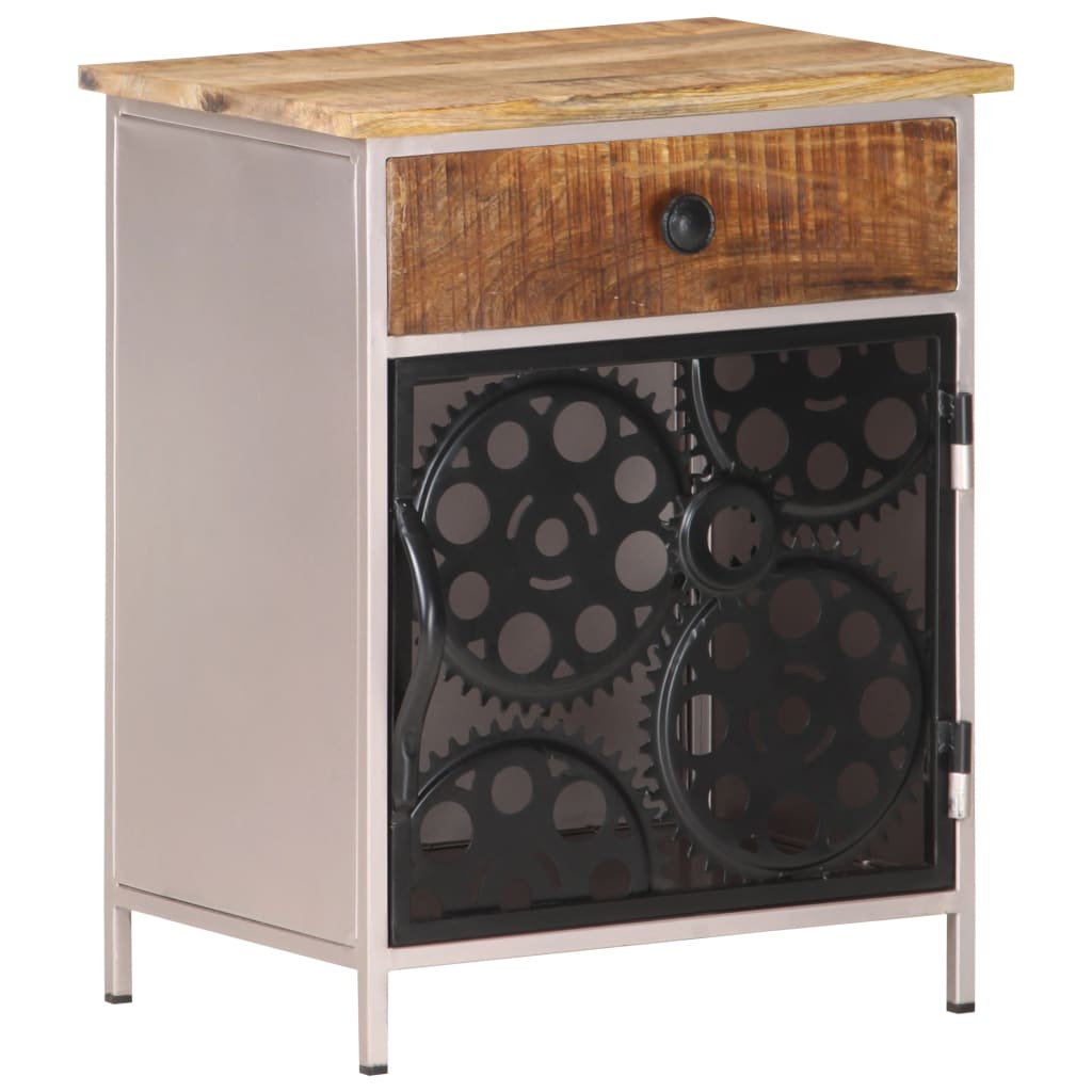 Bedside Cabinet Rough mango wood with natural finish, silver iron