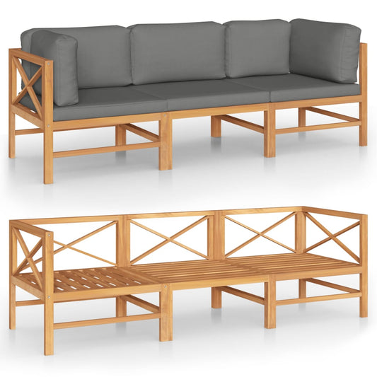 3-seater Garden Sofa Grey Teak Wood, 100% Polyester Large