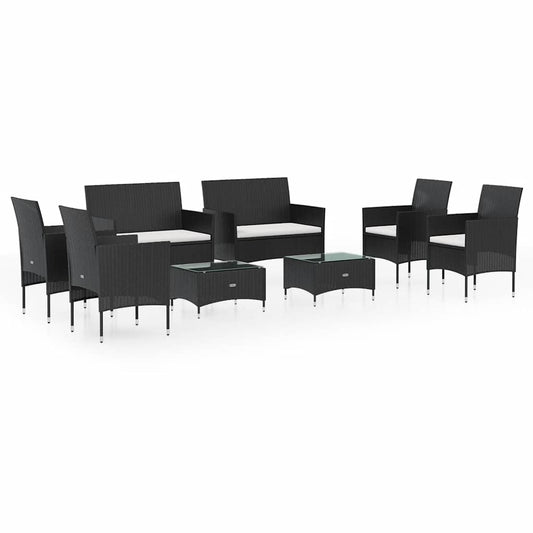 Garden Lounge Set Black PE rattan, powder-coated steel, glass