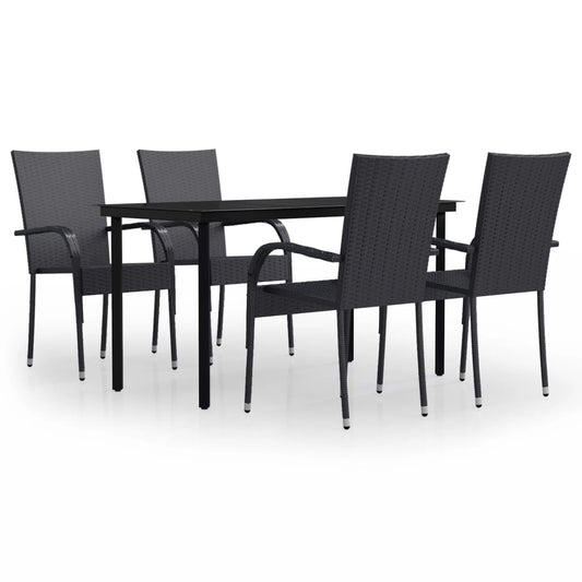 Garden Dining Set Black PE rattan, powder-coated steel, glass