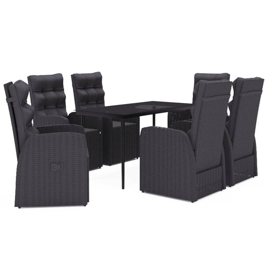 Garden Dining Set Black PE rattan, powder-coated steel, glass
