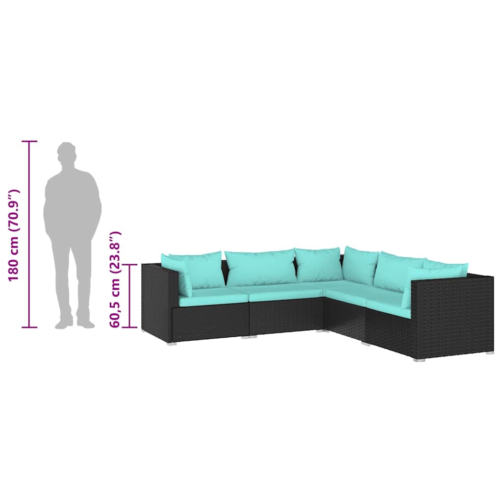Garden Lounge Set Black PE rattan 5 Piece Set Modular