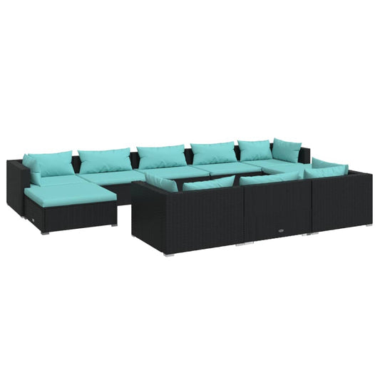 Garden Lounge Set Black, Water blue PE rattan Modular