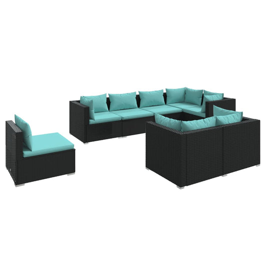 Garden Lounge Set Poly Rattan Black, Water Blue Cushions