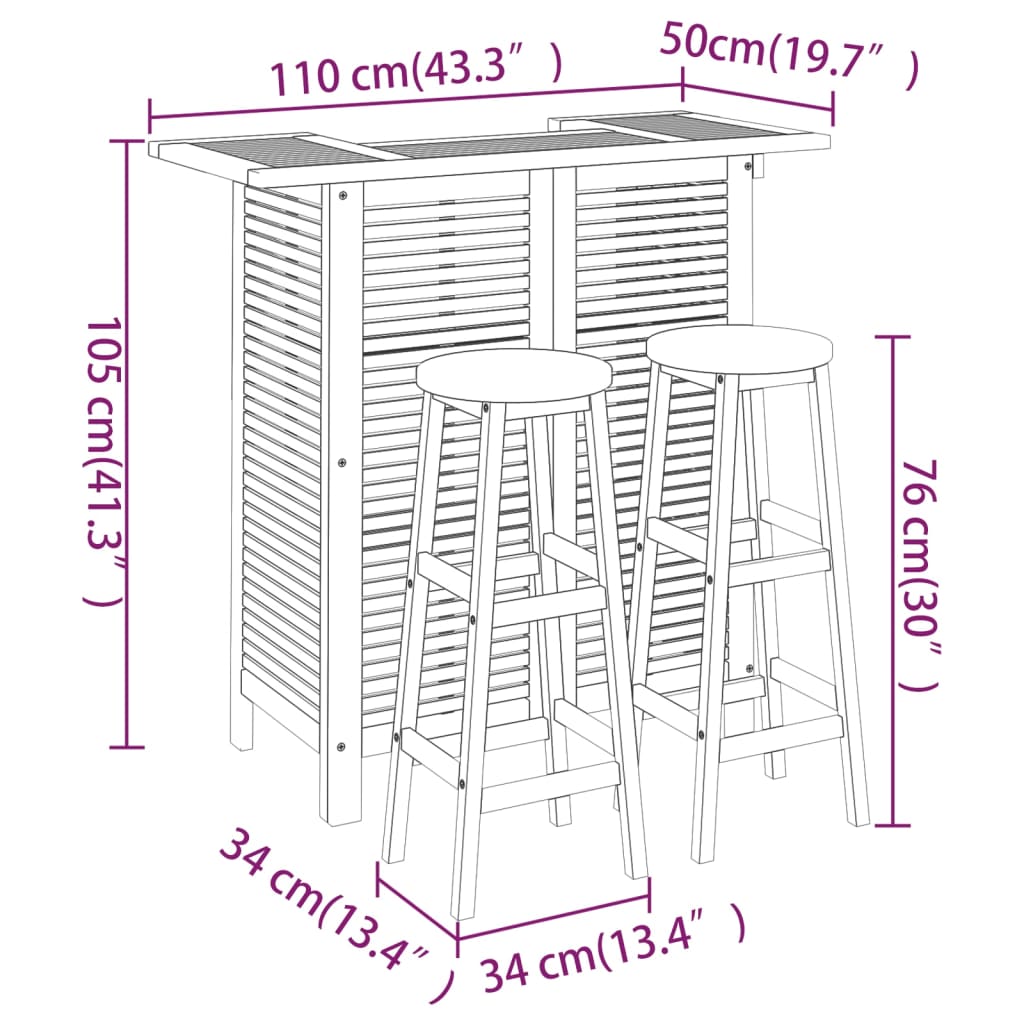 Garden Bar Set Natural wood Solid Acacia wood 3 Piece Set