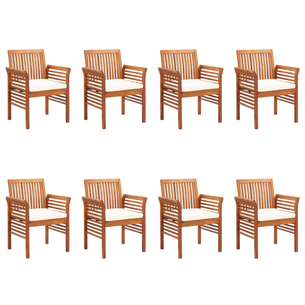 Garden Dining Chair Set of 8 Natural acacia wood, Cream cushion