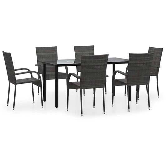 Garden Dining Set Grey PE rattan, powder-coated steel, tempered glass