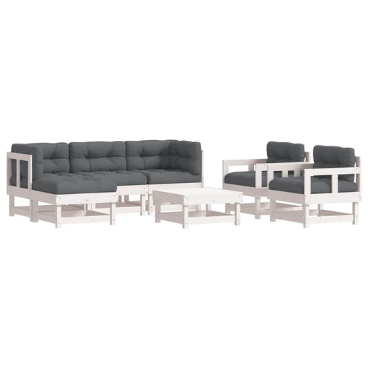 Garden Lounge Set White Solid pine wood, Oxford fabric 7 Piece Set