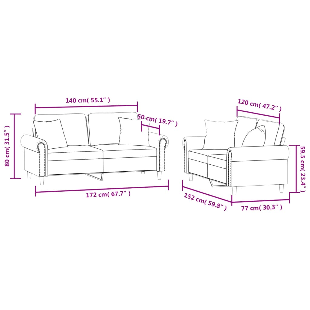 Sofa Set Light Grey Velvet, Metal, Plywood, PP Cotton 2-Seater