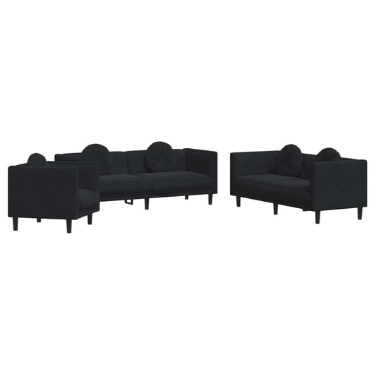 Sofa Set Black Velvet, Plywood, Solid Wood 3 Piece