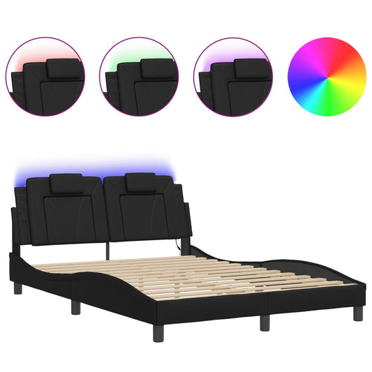 Bed Frame Black Faux leather, metal, solid pine wood, plywood