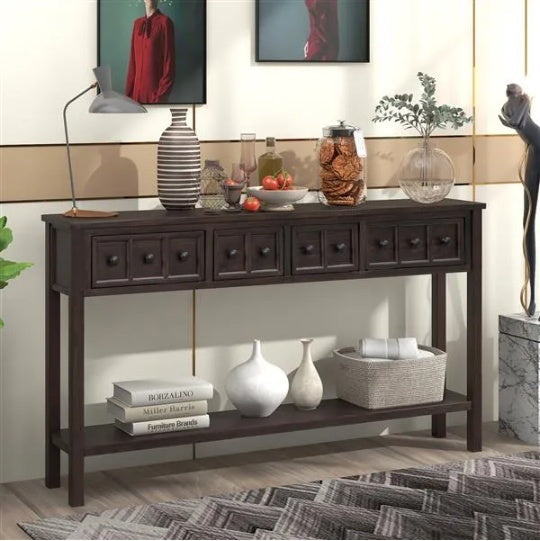 Rustic Entryway Console Table, 60 Long Sofa Table With Two Different Size Drawers And Bottom Shelf For Storage