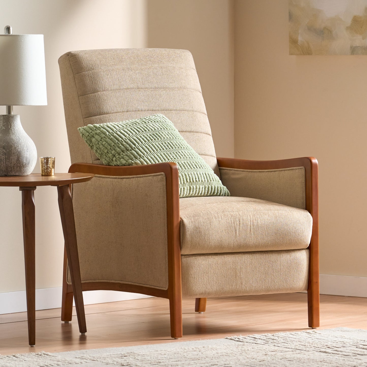 Mid Century Modern Fabric Channel Wood Pushback Recliner