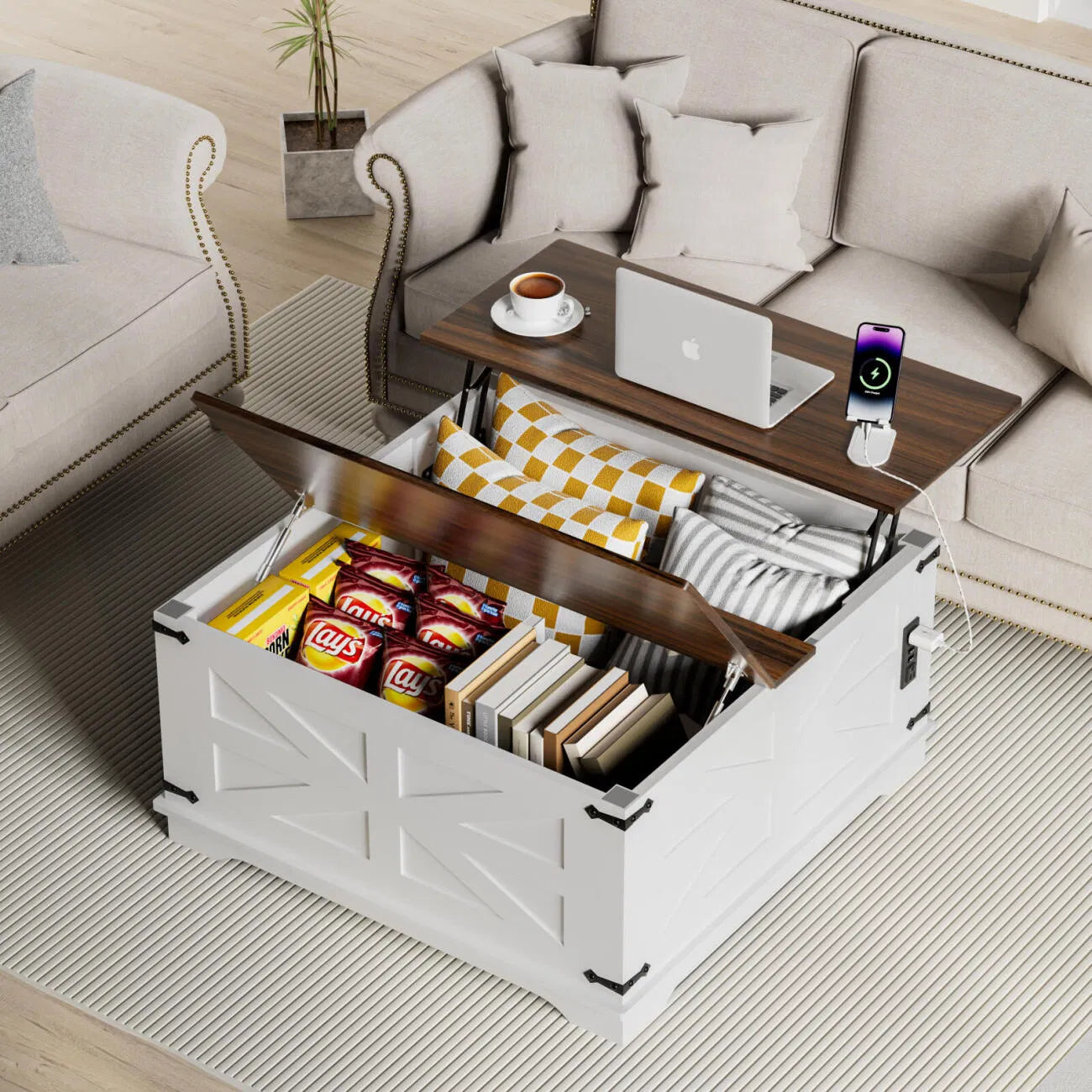 Farmhouse Coffee Table With Lift-Top, USB Charging Station & Hidden Storage - Sturdy Wooden Base