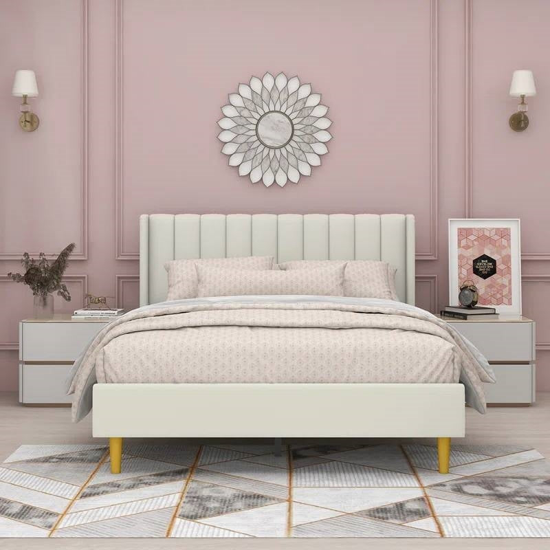 Queen Mid-Century Platform Bed Frame with Cream Velvet Upholstered Headboard