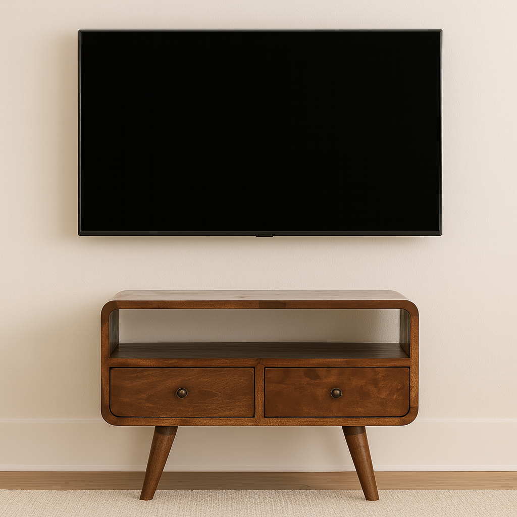 Mini Chestnut Curved Media Unit with 2 Drawers
