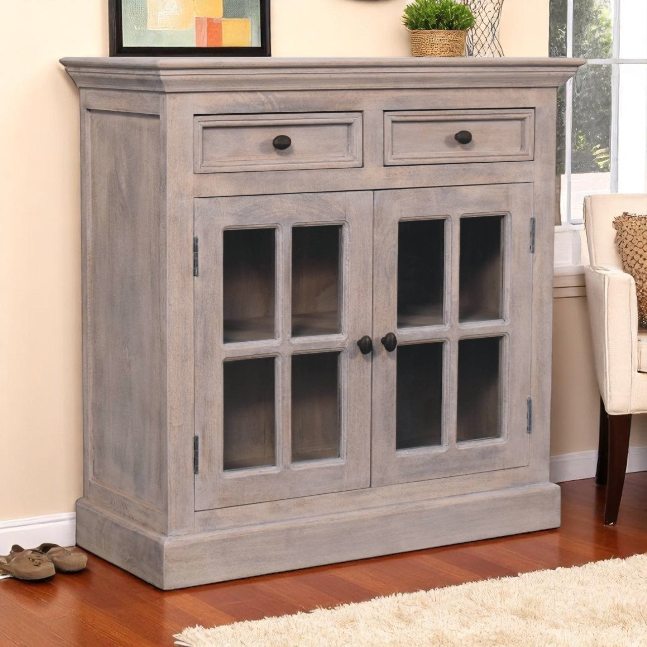 Stone Finish Cabinet with Glazed Doors