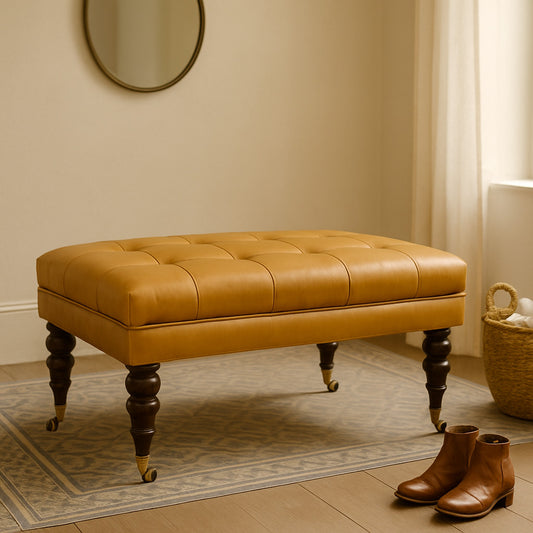 Honey Caramel Buffalo Tan Leather Ottoman with Castor Legs