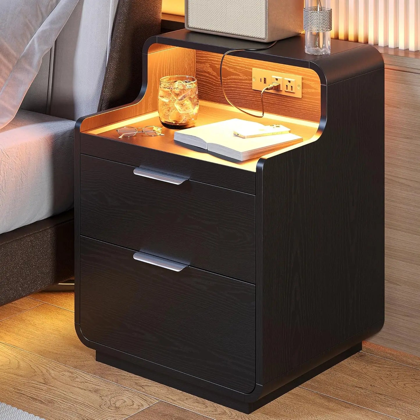 LIKIMIO Nightstand with Charging Station and LED Lights, Night Stand with Pull-Out Shelf, Bedside Table for Bedroom, Black