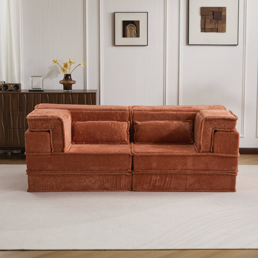 Compression Mahjong Sofa,Convertible Floor Sofa Bed,DIY Boneless Modular Sectional Sofa,No Assembly Required,Circle Fleece Fabric,Modern Oversized Loveseat,Orange