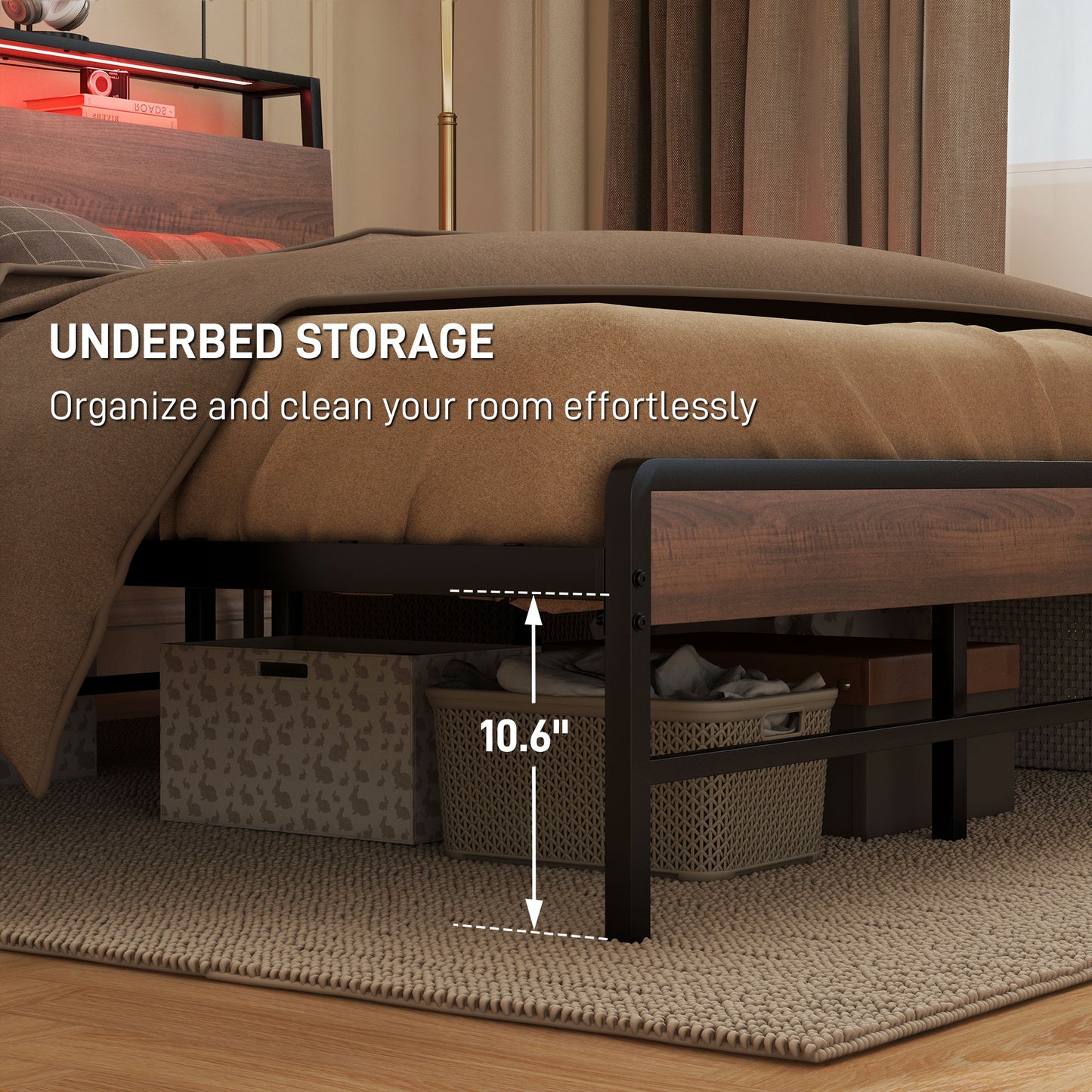 King Size Bed Frame with LED Lights and Charging Station, King Bed Frame with Storage Headboard, Noise-Free, Walnut