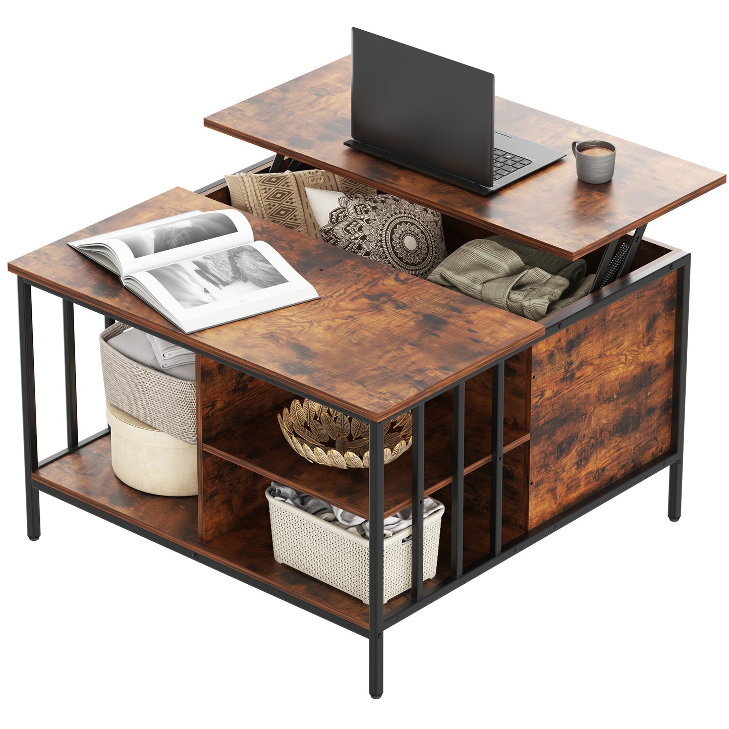 Farmhouse Lift Top Coffee Table With Storage Adjustable Height Living Room Table, Multifunctional Center For Family With Hidden Compartment & 3 Shelves110lbs Capacity, Easy To Clean